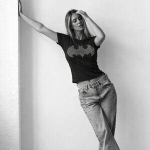 Batman t-shirt, with logo in shiny crystal like studs on front, 60% cotton